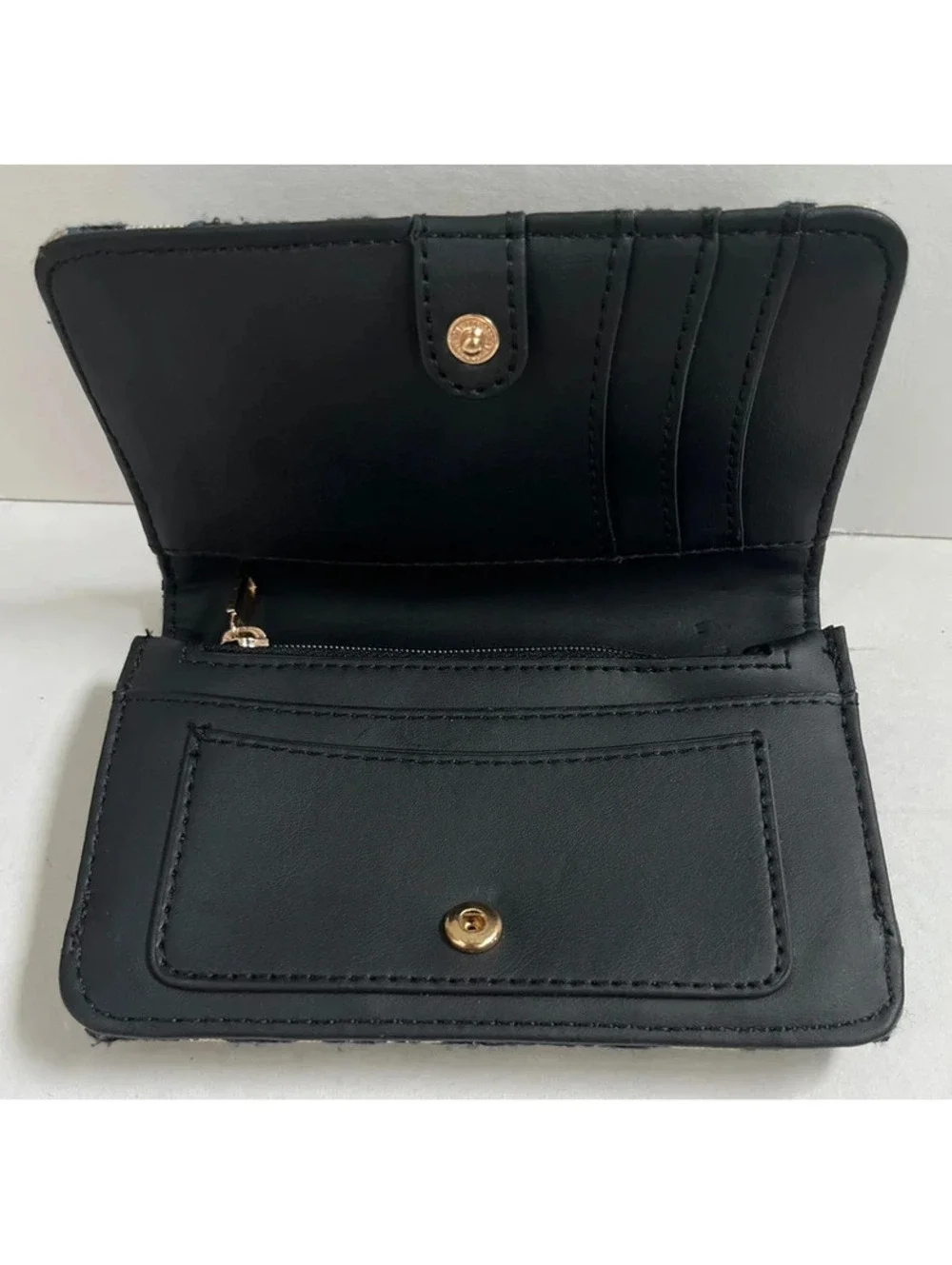GUESS Los Angeles Monogram Women's Slim Wallet Clutch Black/Beige Elegant 5.5”
